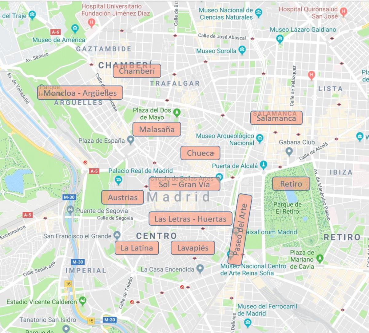 térkép Madrid Spanyolország városrészek